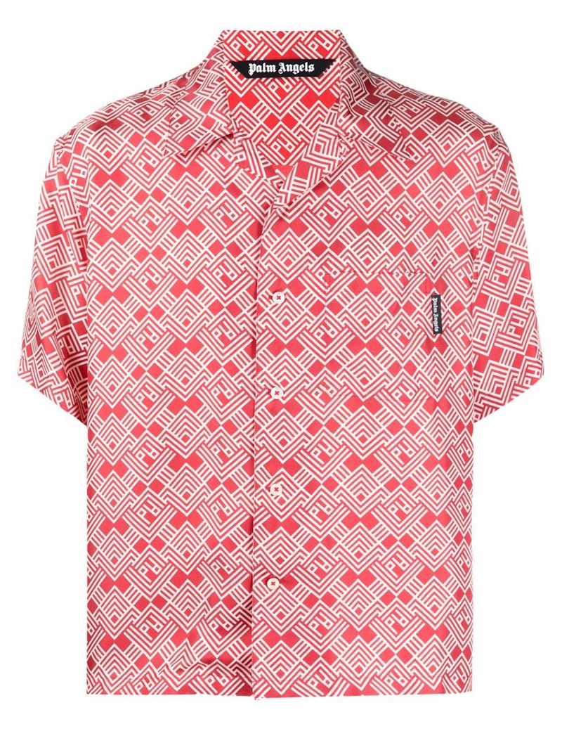 Palm Angels Silk Monogram Bowling Shirt Red/Off White