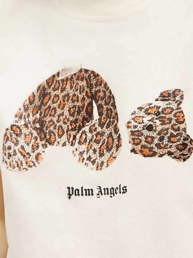 Palm Angels Womens Leopard Bear Cropped T-Shirt Off White/Brown