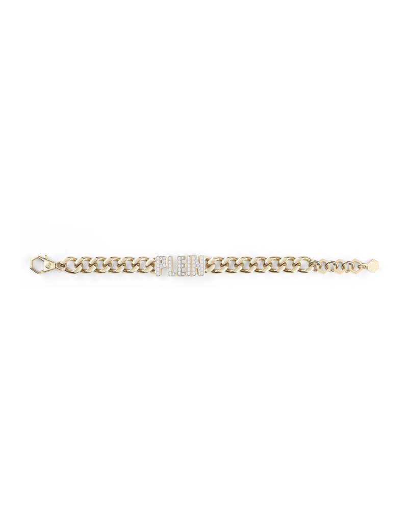 Philipp Plein Lettering Crystal Cuban Links Bracelet Gold