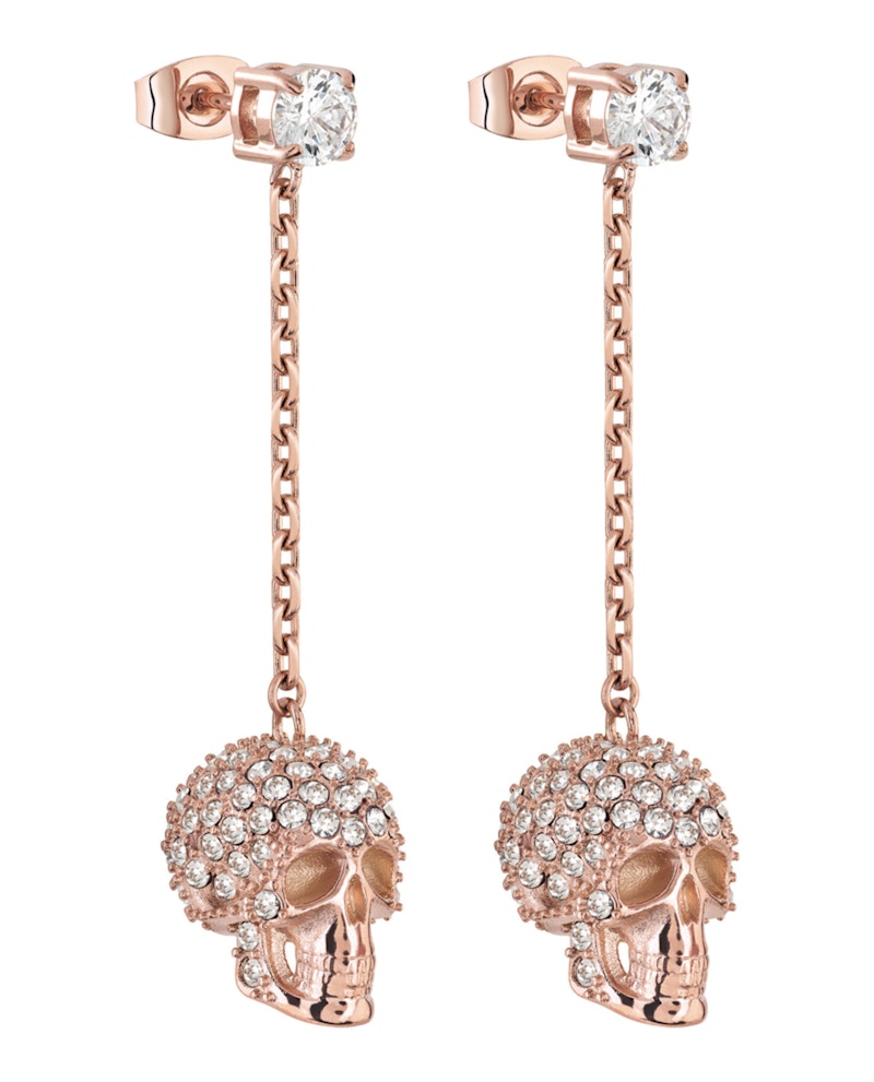 Philipp Plein Sliding $kull Crystal Dangle Earrings Rosegold