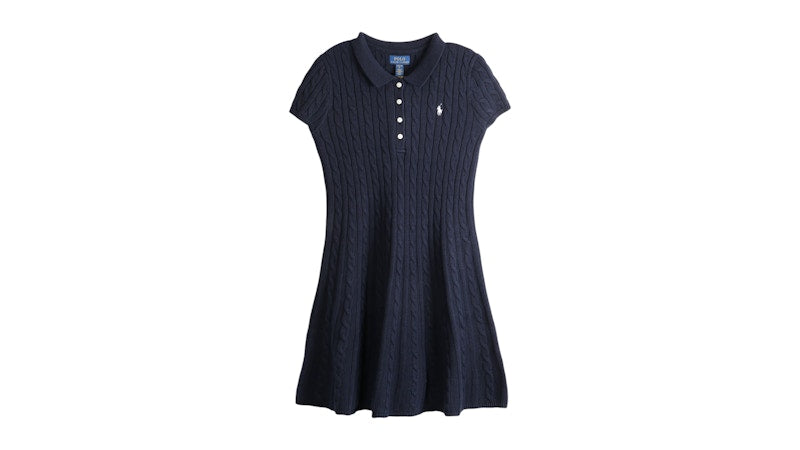 Polo Ralph Lauren Girls Short Sleeve Cotton Cable Knit Polo Dress Navy