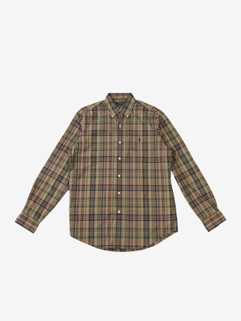 Polo Ralph Lauren Long Sleeve Performance Madras Sport Shirt Khaki Navy