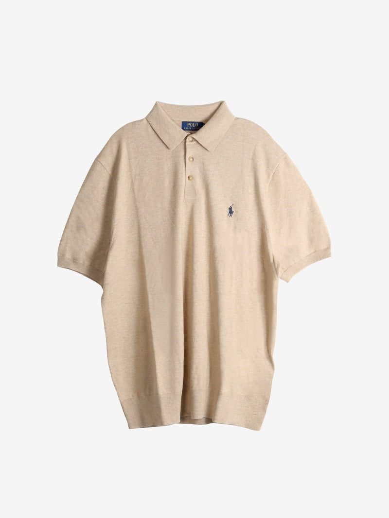 Polo Ralph Lauren Short Sleeve Cotton Placket Pullover Sweater Dune Melange