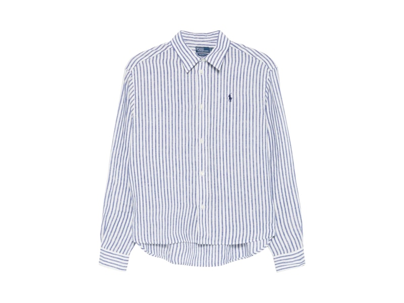Polo Ralph Lauren Wide Cropped Striped Linen Shirt White Blue