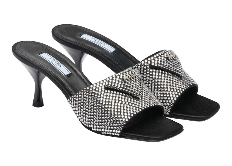 Prada 65mm Crystal Heeled Sandals Black Satin