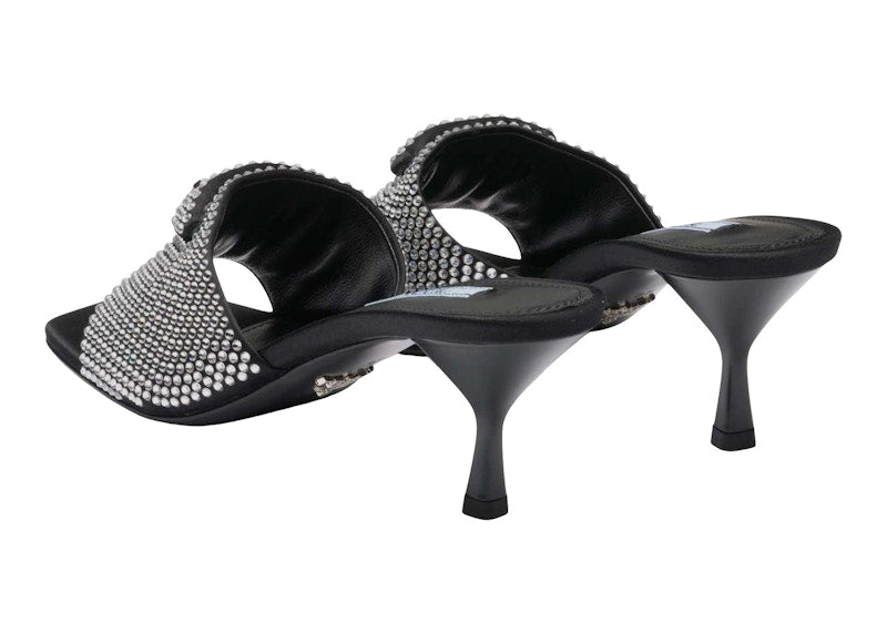 Prada 65mm Crystal Heeled Sandals Black Satin