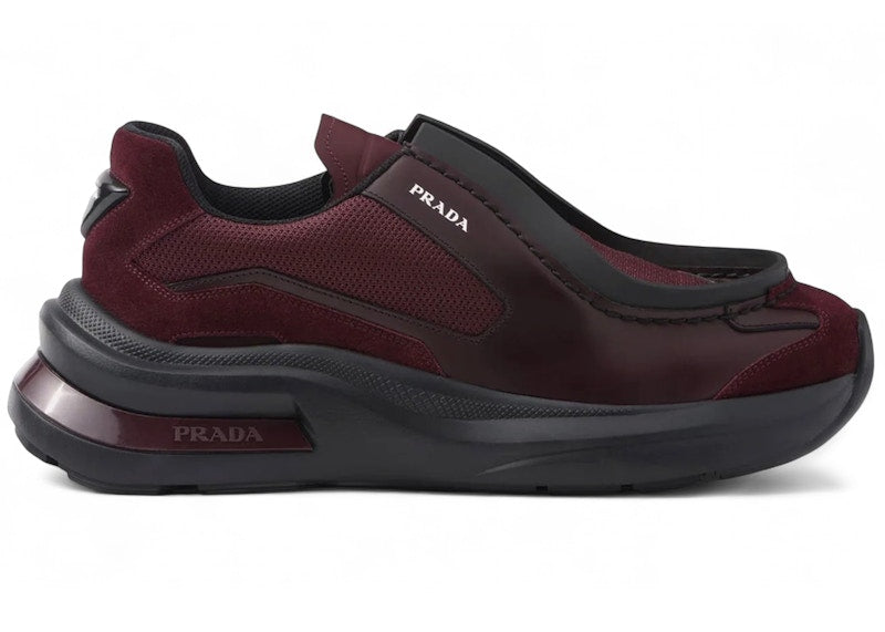 Prada Brushed Leather Sneakers Bike Fabric Suede Burgundy