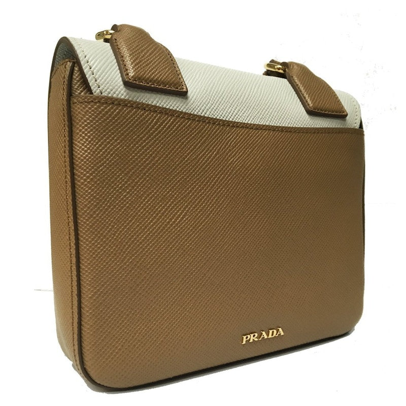Prada Cuir Pattina Shoulder Bag Saffiano Caramel Beige/Talco White