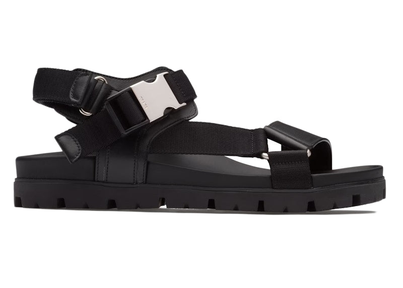 Prada Leather And Technical Fabric Sandal Black