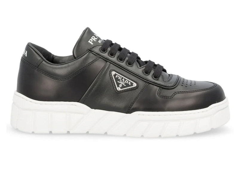 Prada Logo Plaque Lace Up Sneakers Black White