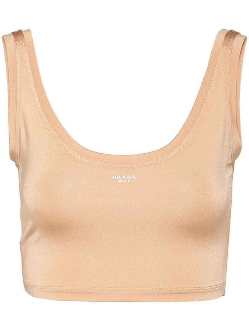 Prada Logo Stamped Sleeveless Tank Top Beige