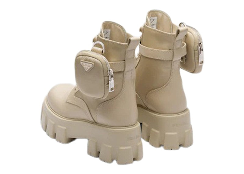 Prada Monolith 55mm Pouch Ankle Boots Desert Beige Leather