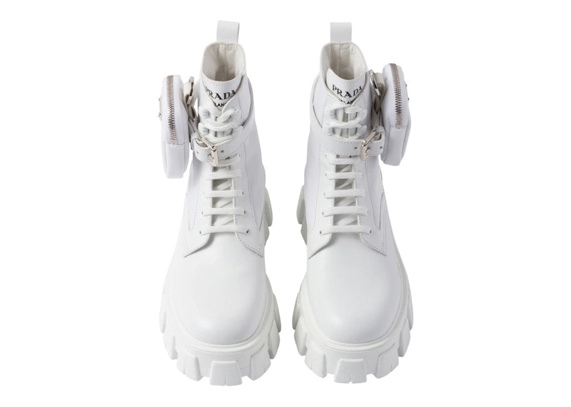 Prada Monolith 55mm Pouch Ankle Boots White Leather