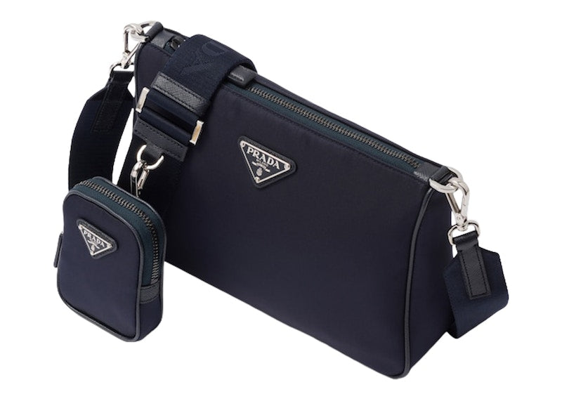 Prada Re-Nylon and Saffiano Leather (Removable Pouch) Shoulder Bag Navy
