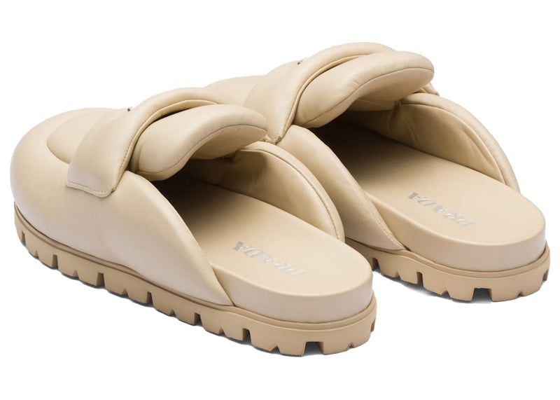 Prada Soft Padded 20mm Sabots Desert Beige Nappa Leather