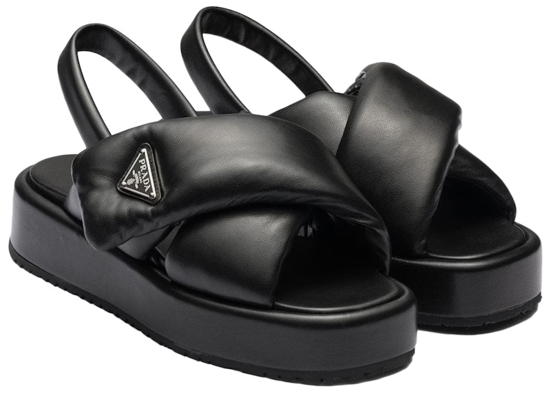 Prada Soft Padded 35mm Wedge Sandals Black Nappa Leather