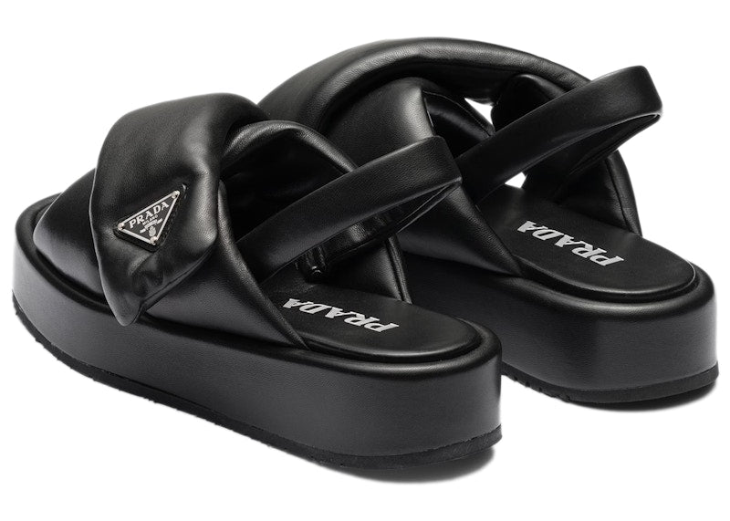 Prada Soft Padded 35mm Wedge Sandals Black Nappa Leather