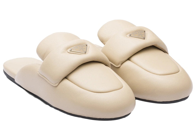 Prada Soft Padded 5mm Sabots Desert Beige Leather