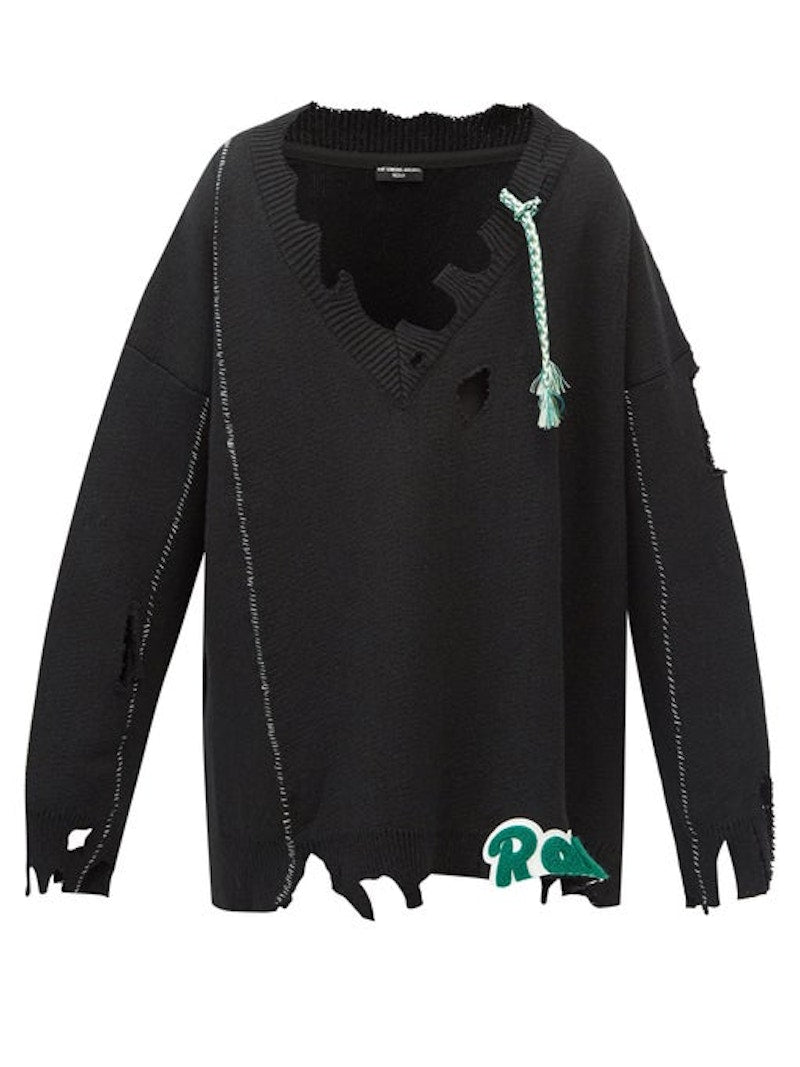 Raf Simons Archive Redux AW16 Distressed Monogram Appliqué Wool Sweater Black/Multi