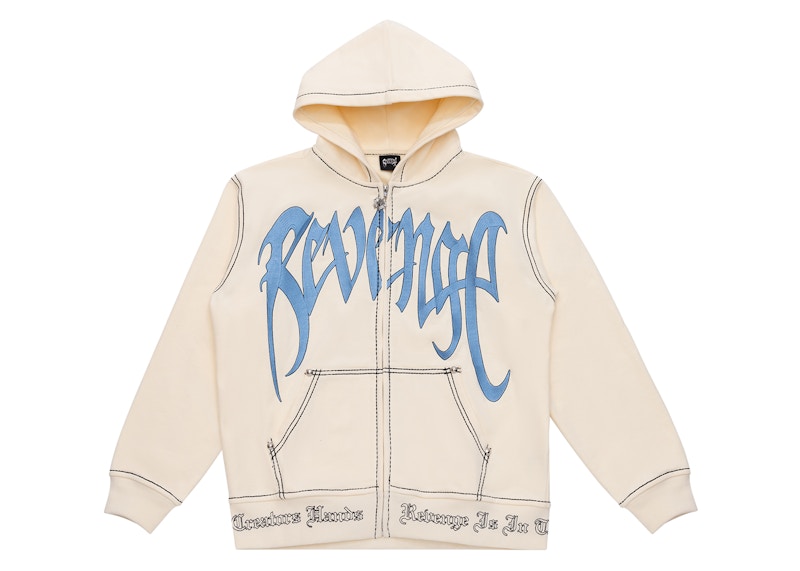 Revenge Contrast Embroidered Zip Hoodie Cream/Blue