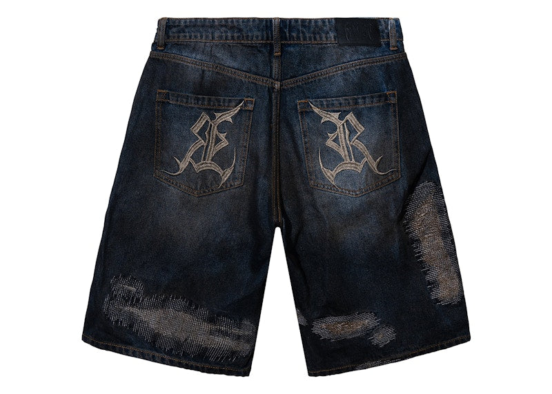 Revenge Distressed Patchwork Denim Short Dirty Indigo
