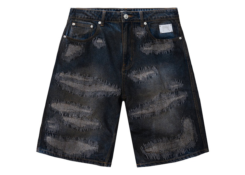 Revenge Distressed Patchwork Denim Short Dirty Indigo
