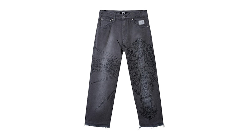 Revenge Spike Cross Embroidered Denim Pant Grey