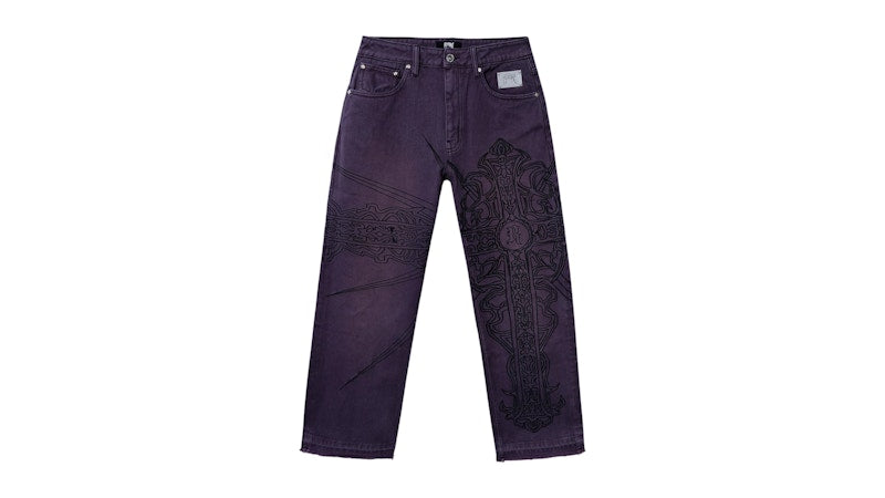 Revenge Spike Cross Embroidered Denim Pant Purple