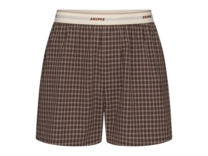 SKIMS Men's Logo Band Cotton Poplin Boxer Espresso Check