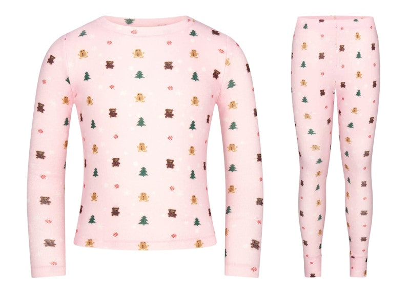 SKIMS x Cactus Plant Flea Market Plush Pointelle Kids Long Sleeve Set Cherry Blossom Snow Print