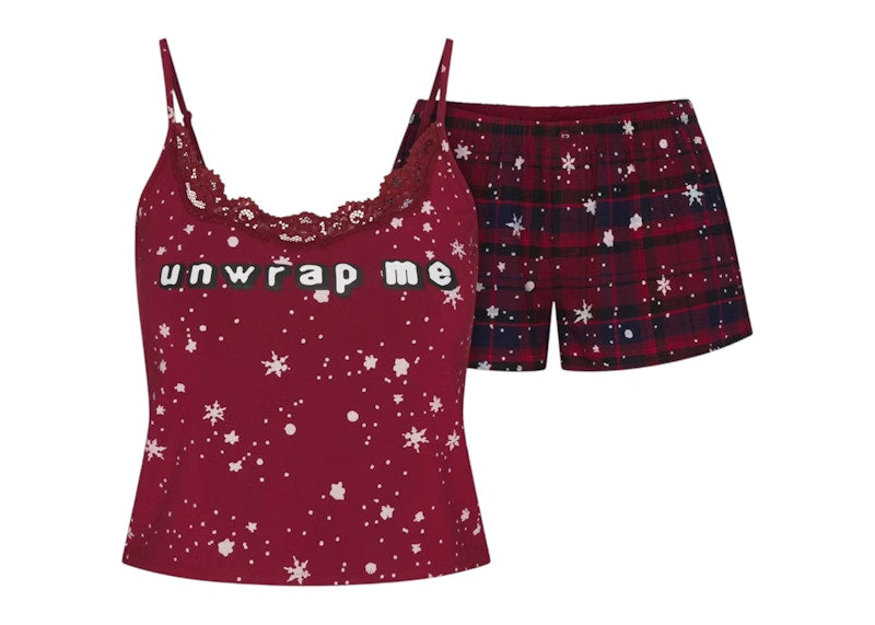 SKIMS x Cactus Plant Flea Market Women's Sleep Lace Tank Flannel Short Set Merlot Unwrap Me Snow Print