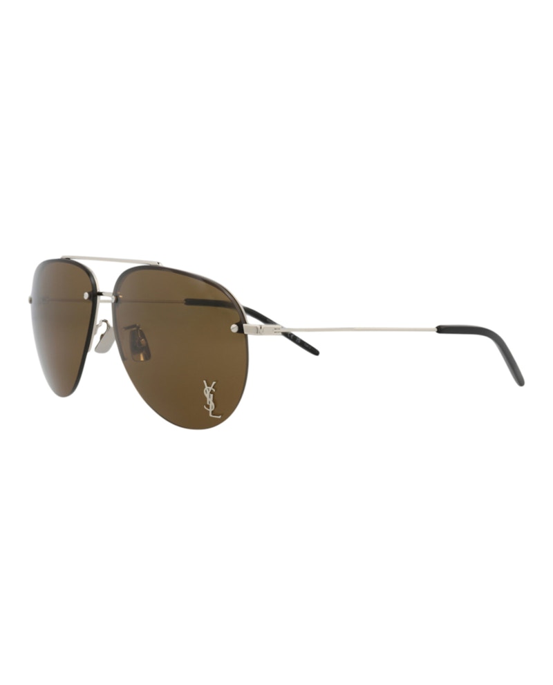 Saint Laurent Aviator-Frame Metal Sunglasses Silver/Silver/Brown (CLASSIC11F-30001169-006)