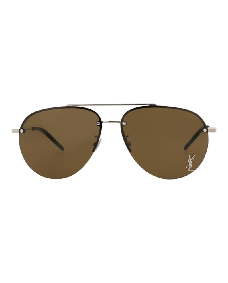 Saint Laurent Aviator-Frame Metal Sunglasses Silver/Silver/Brown (CLASSIC11F-30001169-006)