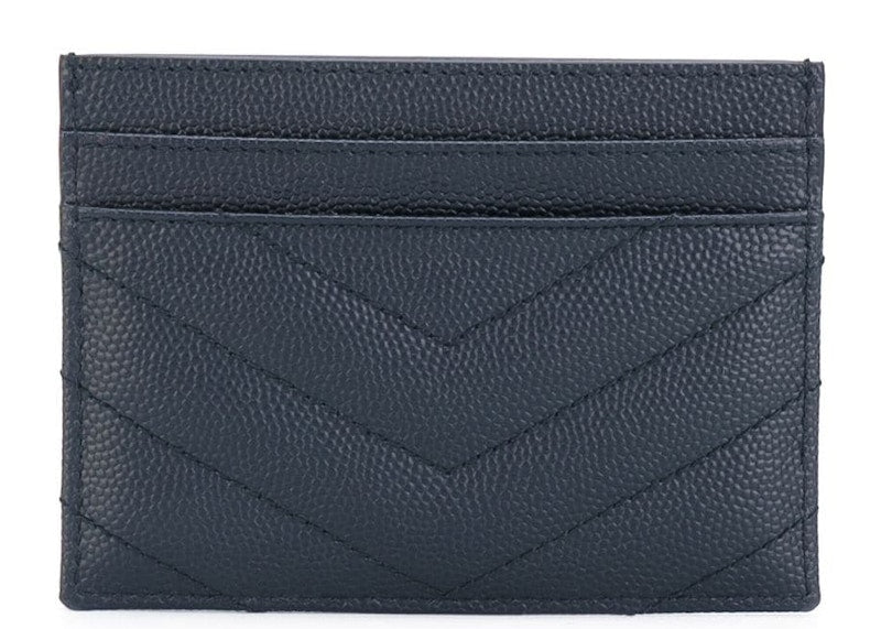 Saint Laurent Card Case Matelasse Grain de Poudre Silver-tone Navy