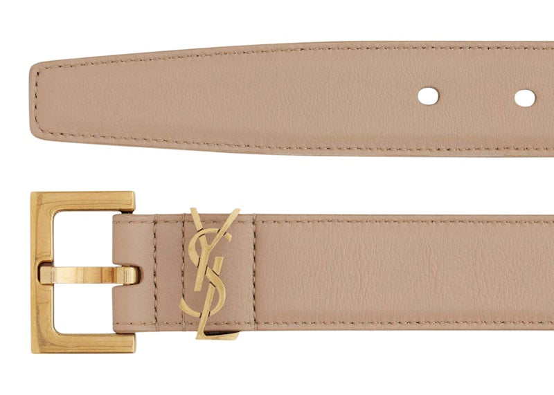 Saint Laurent Cassandre Belt With Square Buckle In Shiny Box Saint Laurent Leather Dark Beige