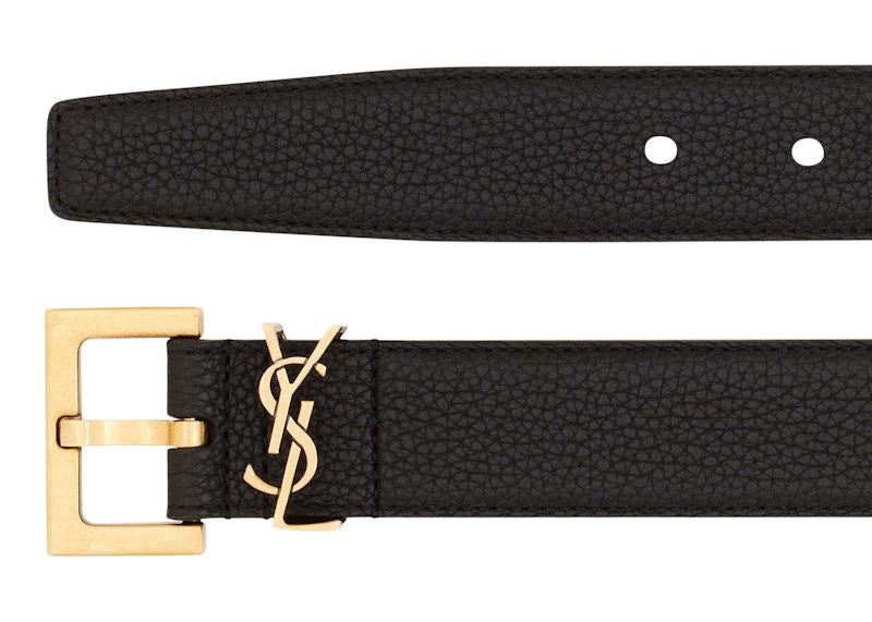 Saint Laurent Cassandre Belt with Square Buckle in Grained Leather Black