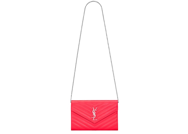 Saint Laurent Chain Wallet Monogram Grain de Poudre Embossed Patent Leather Neon Pink