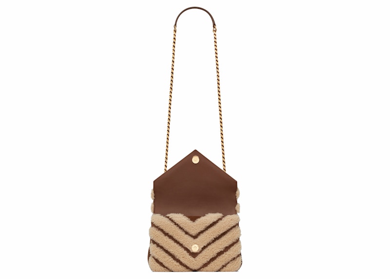 Saint Laurent College Chain Bag In Suede and Shearling Medium Natural Beige/Dark Cigar