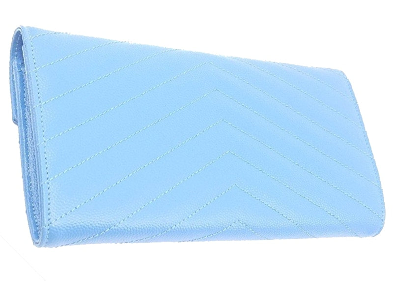Saint Laurent College Flap Wallet Chevron Gold-tone Blue Clair