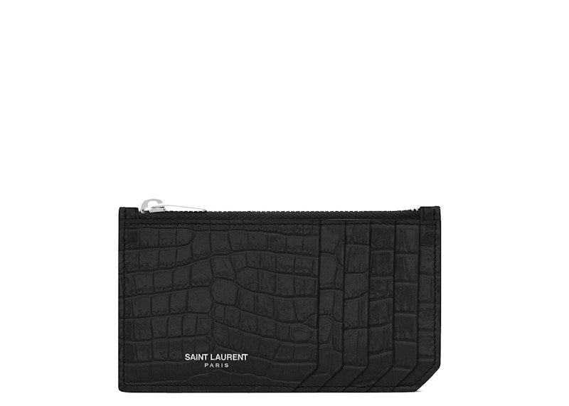 Saint Laurent Fragments Zipped Card Case Crocodile Embossed Shiny Leather Black
