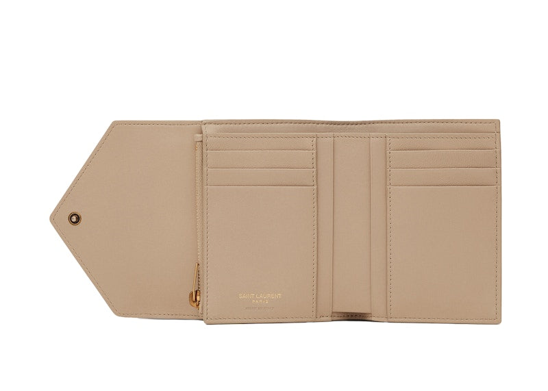 Saint Laurent Gaby Compact Tri-Fold Wallet In Quilted Lambskin Dark Beige