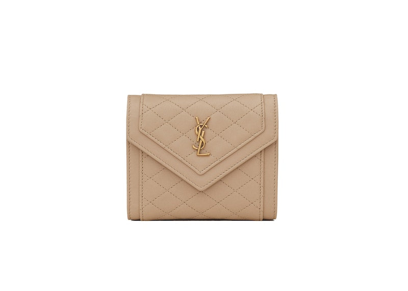 Saint Laurent Gaby Compact Tri-Fold Wallet In Quilted Lambskin Dark Beige