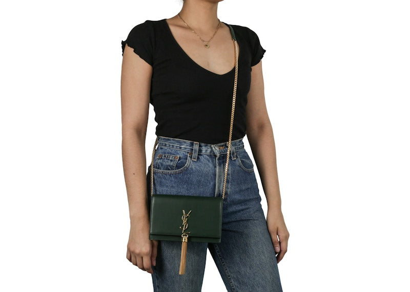 Saint Laurent Kate Tassel Chain Wallet Calfskin Green