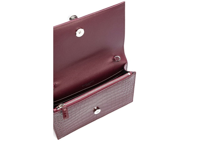 Saint Laurent Kate Tassel Crossbody Crocodile Embossed Burgundy