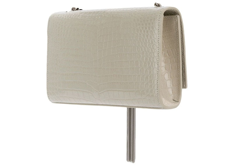 Saint Laurent Kate Tassel Crossbody Crocodile Embossed White
