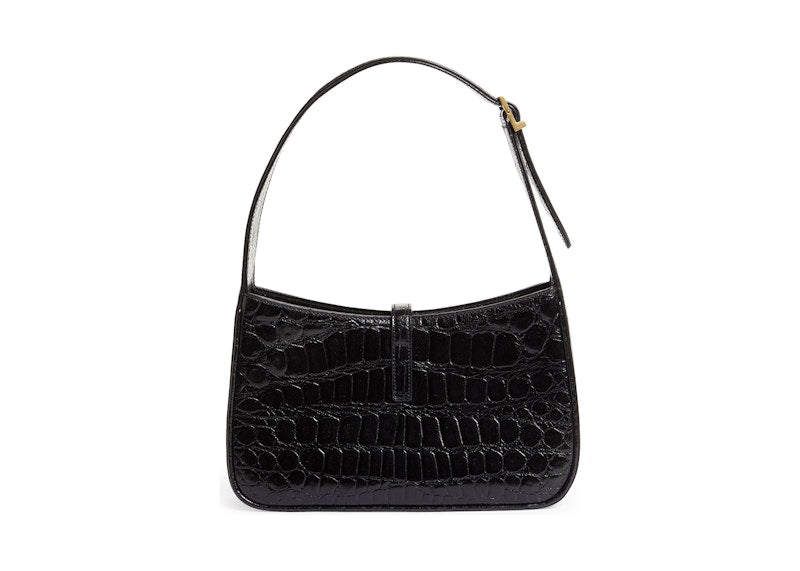 Saint Laurent Le 5 A 7 Croc Embossed Leather Hobo Black