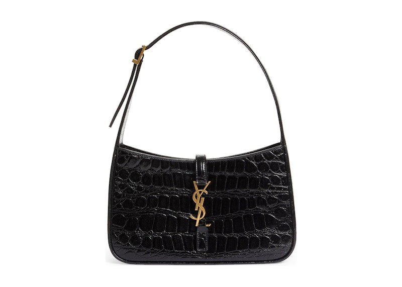 Saint Laurent Le 5 A 7 Croc Embossed Leather Hobo Black
