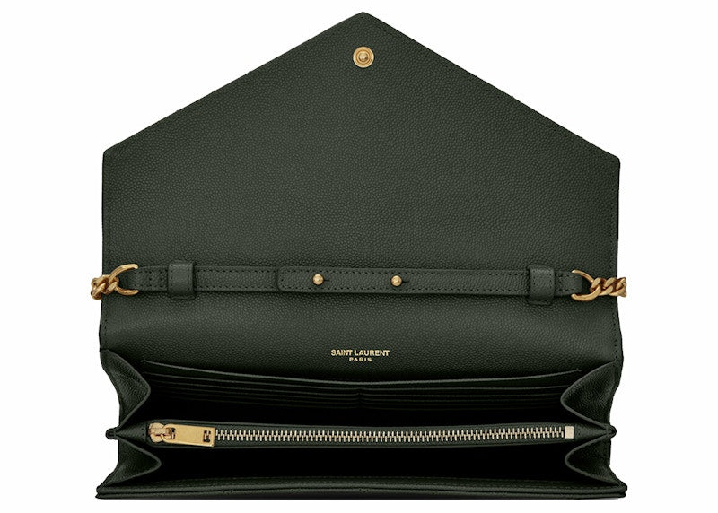 Saint Laurent Monogram Chain Wallet Grain De Poudre Dark Green