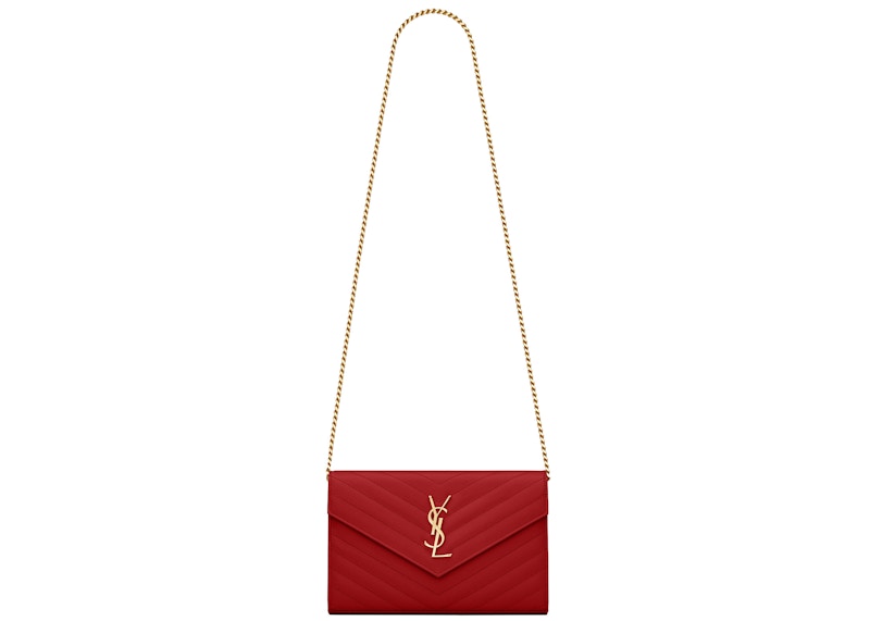 Saint Laurent Monogram Chain Wallet Matelasse Grain de Poudre Gold-tone Eros Red