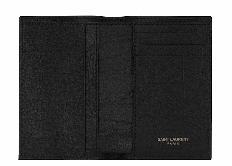 Saint Laurent Monogram Credit Card Wallet Crocodile Embossed Leather Black